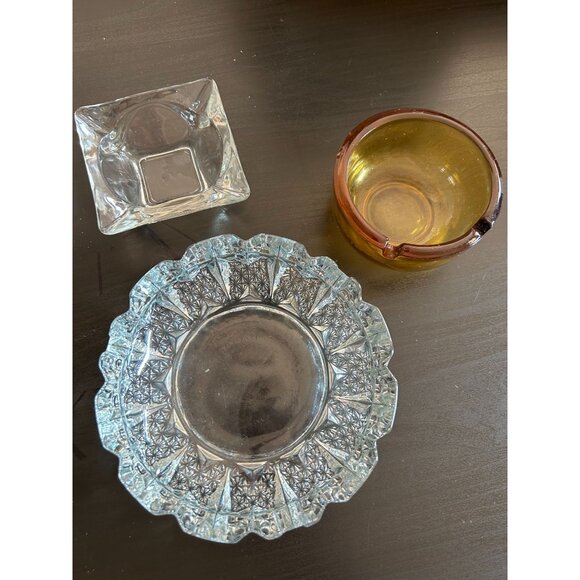 Amber Thick Clear Crystal Glass Set Of 3 Cigarette Ashtray Decorative Vintage - Picture 1 of 9